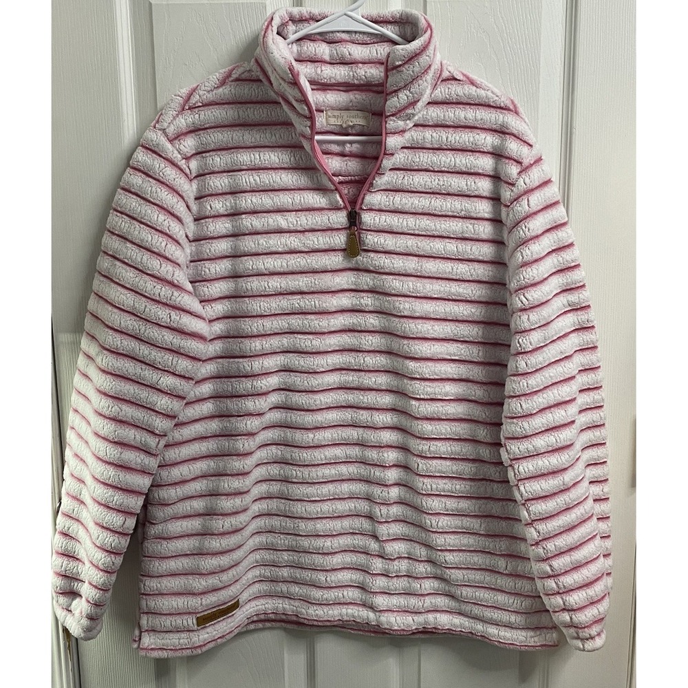 Simply Southern Women Sherpa Fleece 1/4 Zip Pullover White& Pink Oversized S M L